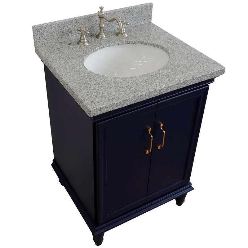 25 in. Single Wooden Vanity  Blue with Gray Granite Oval Sink