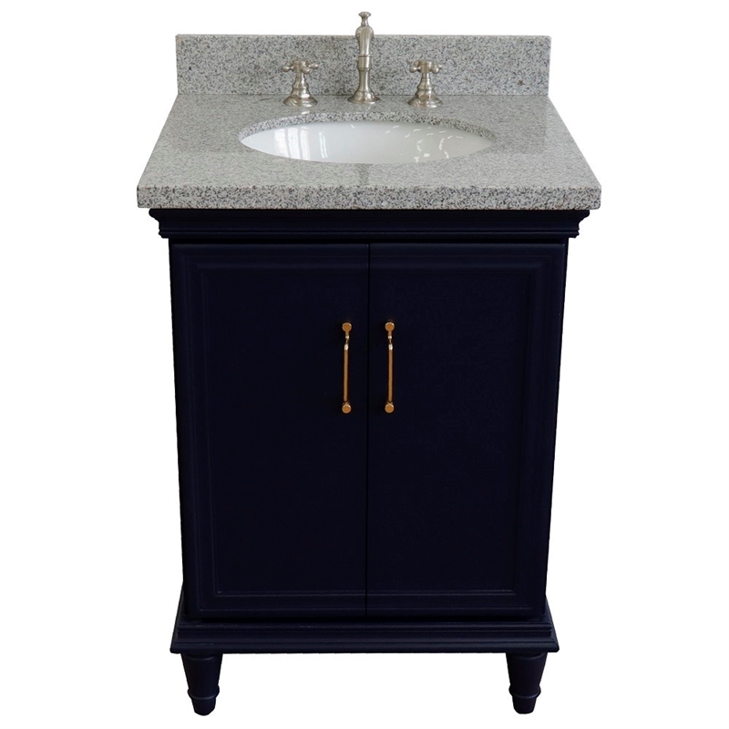 25 in. Single Wooden Vanity  Blue with Gray Granite Oval Sink