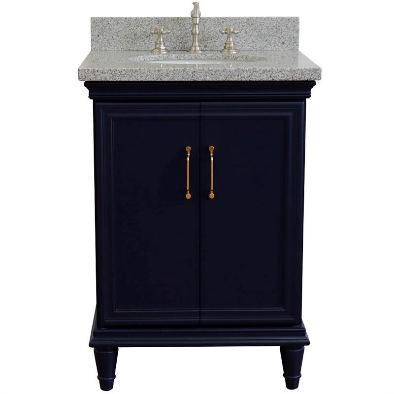 25 in. Single Wooden Vanity  Blue with Gray Granite Oval Sink