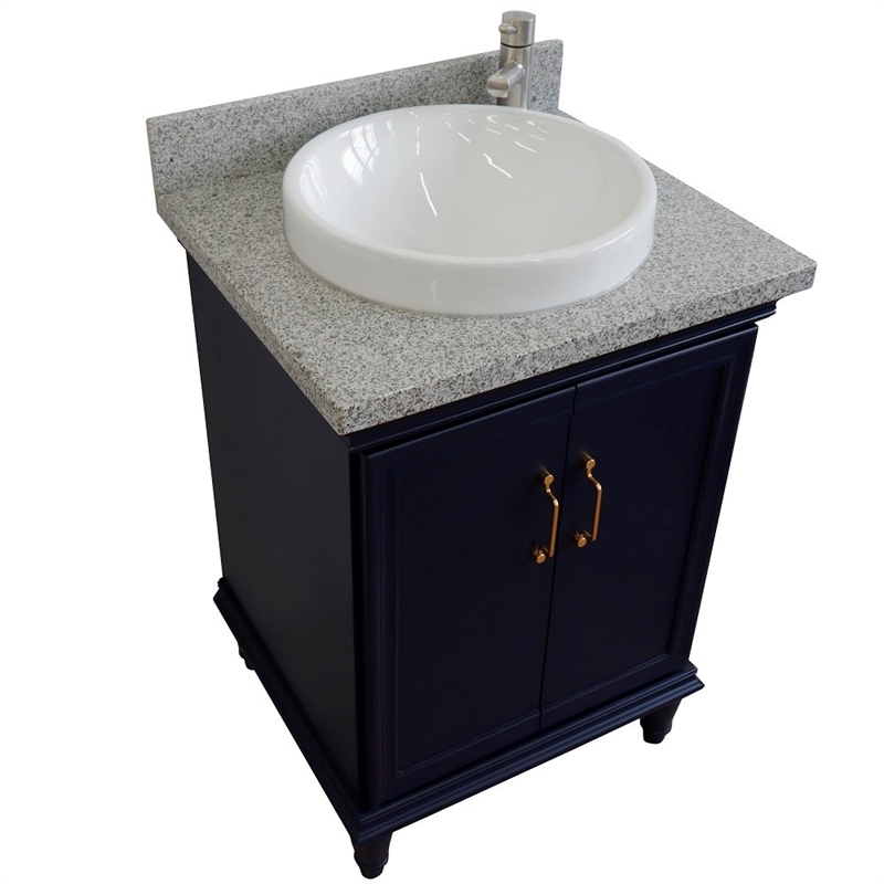 25 in. Single Wooden Vanity  Blue with Gray Granite Round Sink