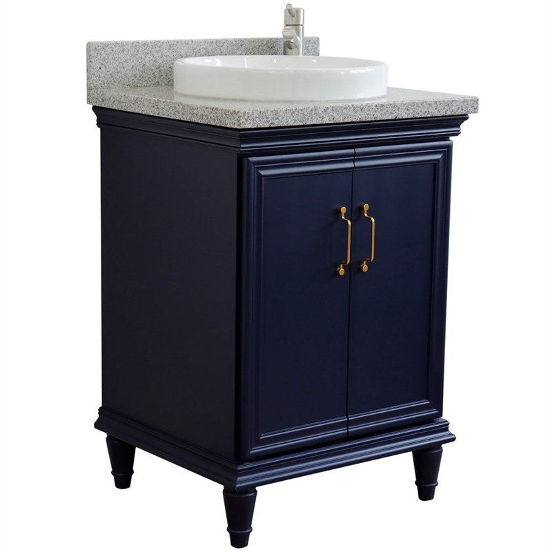 25 in. Single Wooden Vanity  Blue with Gray Granite Round Sink