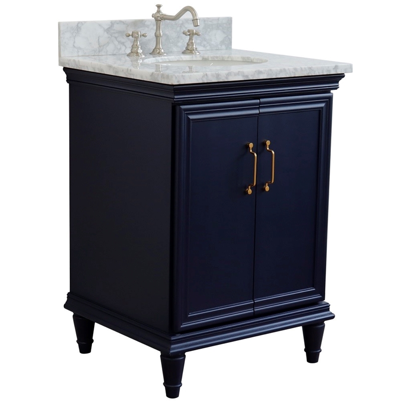 25 in. Single Wooden Vanity  Blue with White Carrara Oval Sink