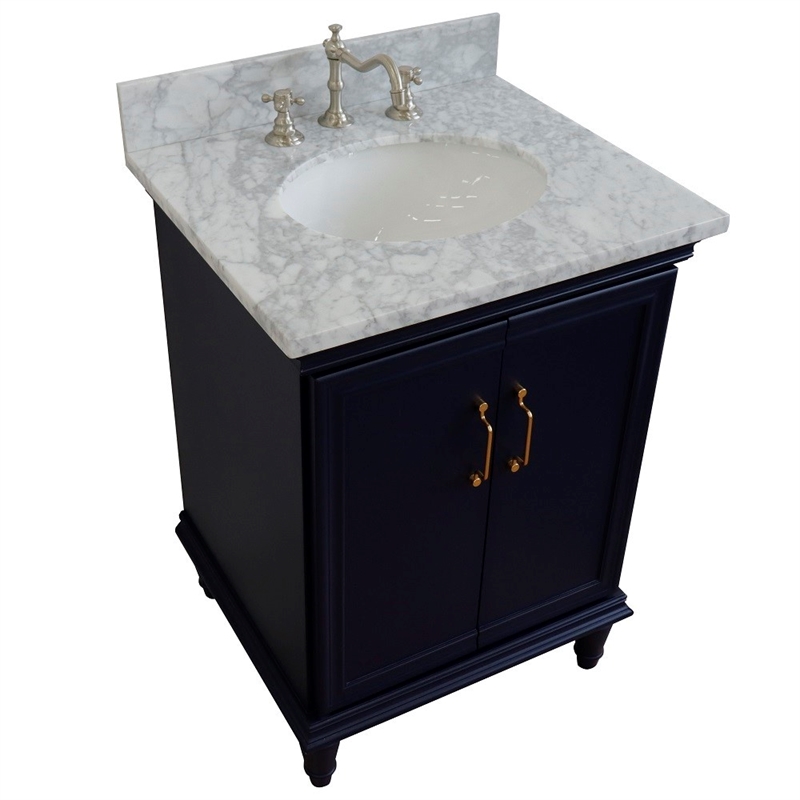 25 in. Single Wooden Vanity  Blue with White Carrara Oval Sink