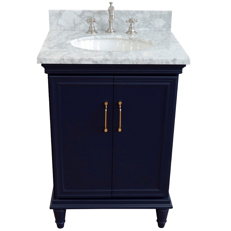 25 in. Single Wooden Vanity  Blue with White Carrara Oval Sink