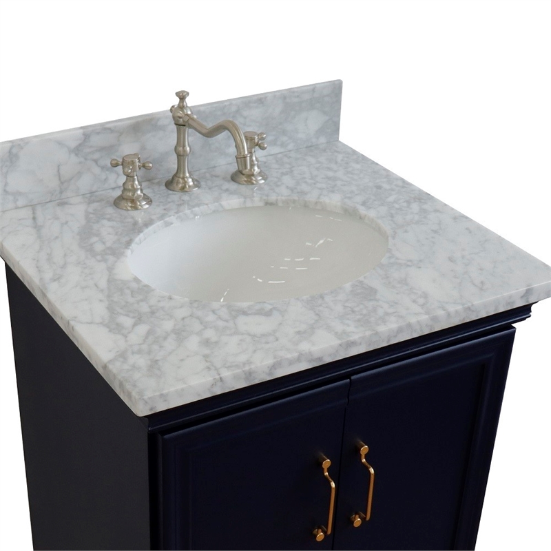 25 in. Single Wooden Vanity  Blue with White Carrara Oval Sink