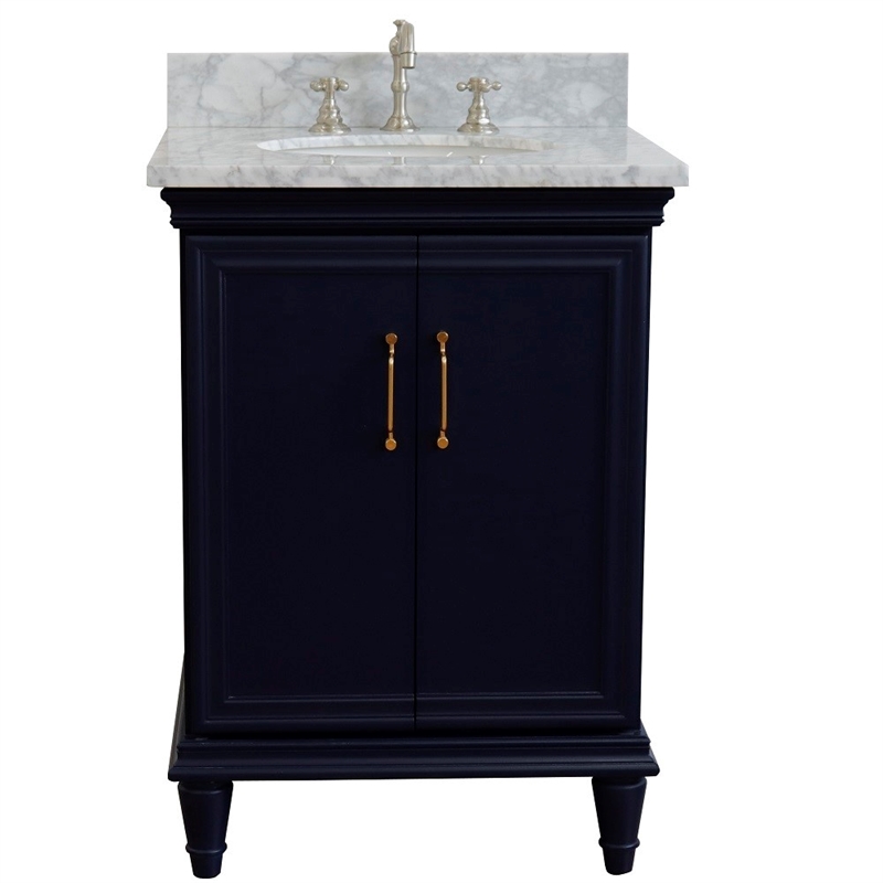 25 in. Single Wooden Vanity  Blue with White Carrara Oval Sink