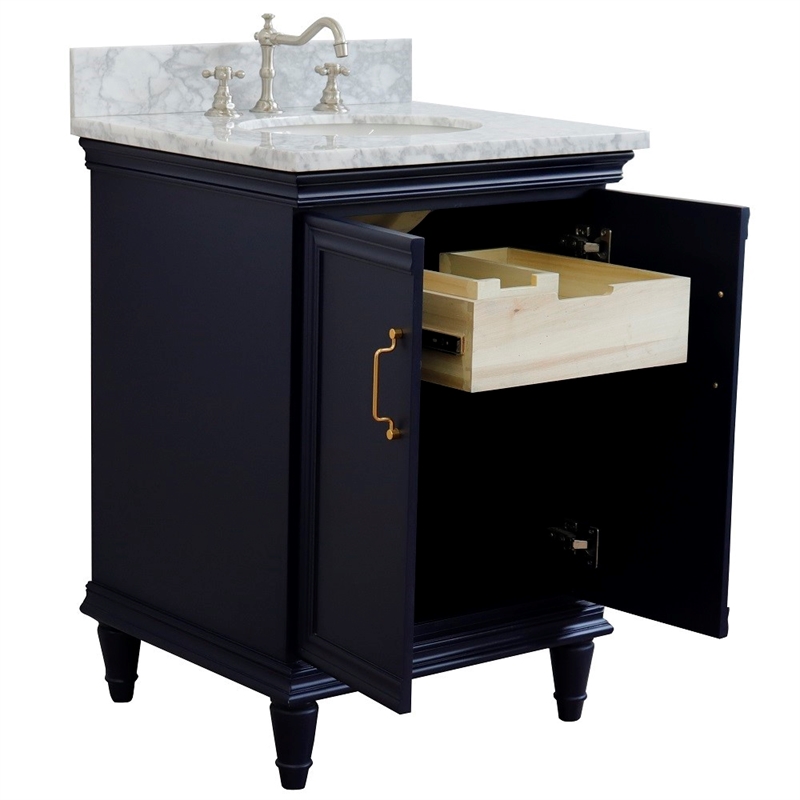25 in. Single Wooden Vanity  Blue with White Carrara Oval Sink