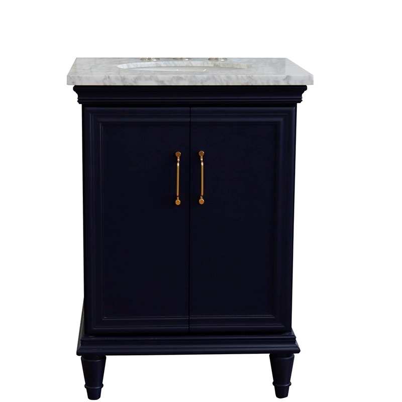 25 in. Single Wooden Vanity  Blue with White Carrara Oval Sink