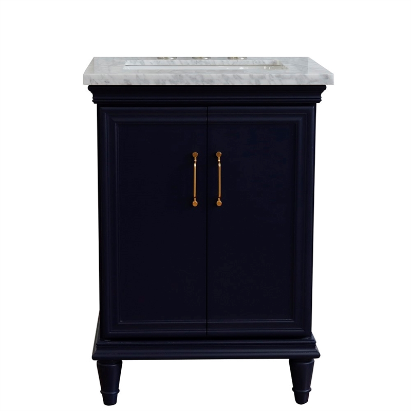 25 in. Single Wooden Vanity  Blue with White Carrara Rectangle Sink