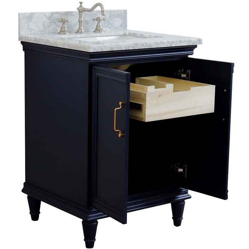 25 in. Single Wooden Vanity  Blue with White Carrara Rectangle Sink