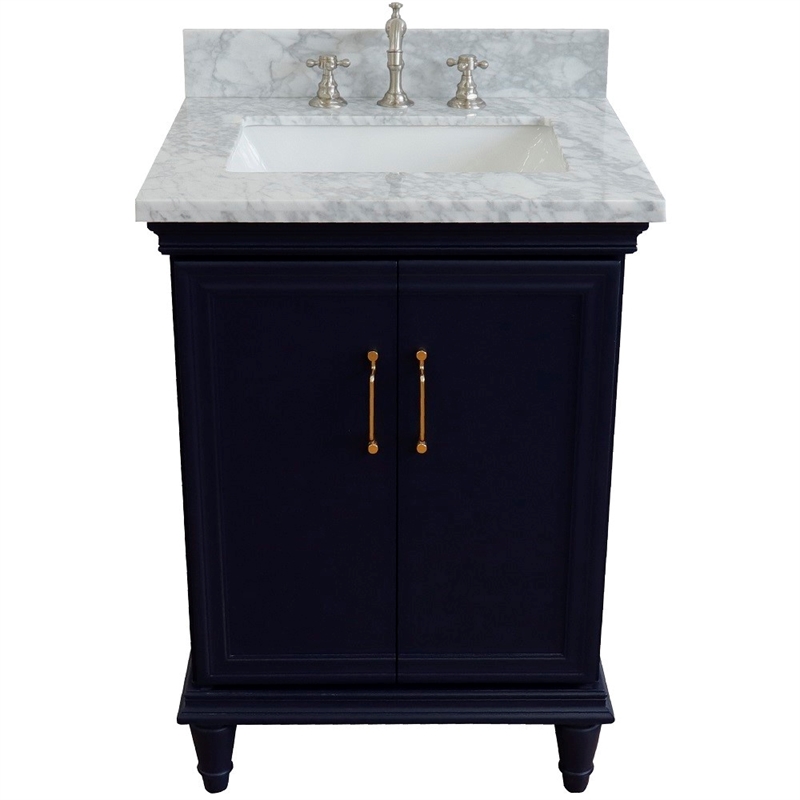 25 in. Single Wooden Vanity  Blue with White Carrara Rectangle Sink