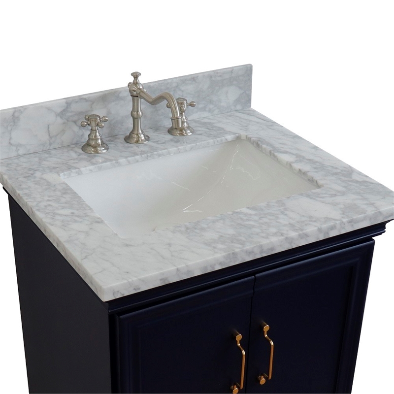 25 in. Single Wooden Vanity  Blue with White Carrara Rectangle Sink