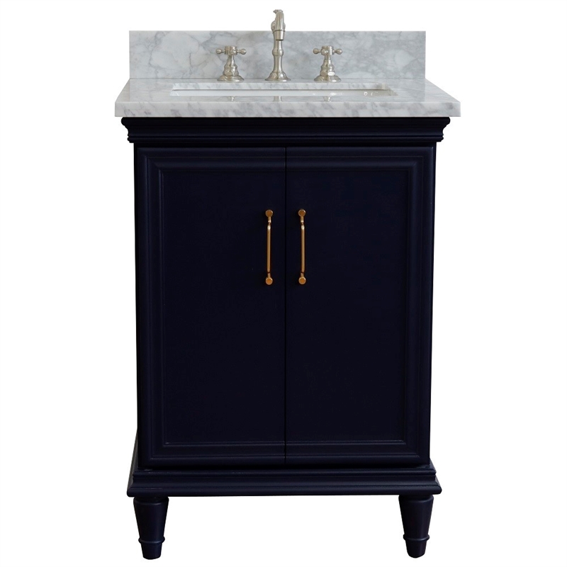 25 in. Single Wooden Vanity  Blue with White Carrara Rectangle Sink