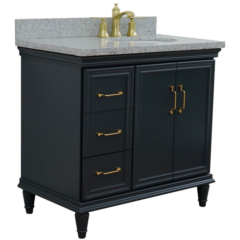 37 in. Single Wooden Vanity  Dark Gray Gray Granite Oval Right Door.Right Sink