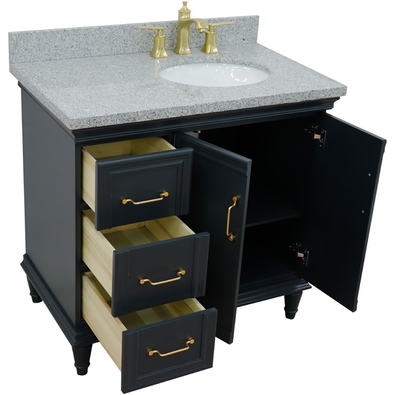 37 in. Single Wooden Vanity  Dark Gray Gray Granite Oval Right Door.Right Sink