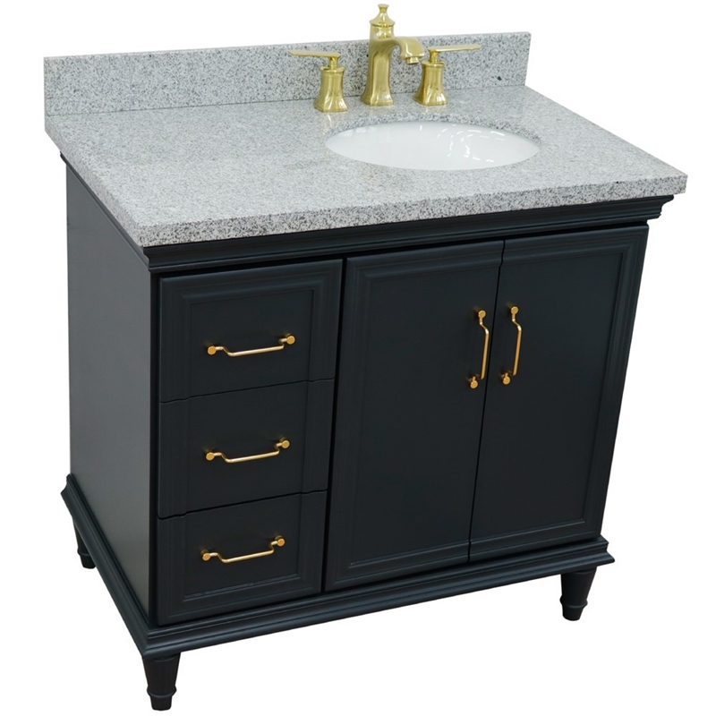 37 in. Single Wooden Vanity  Dark Gray Gray Granite Oval Right Door.Right Sink