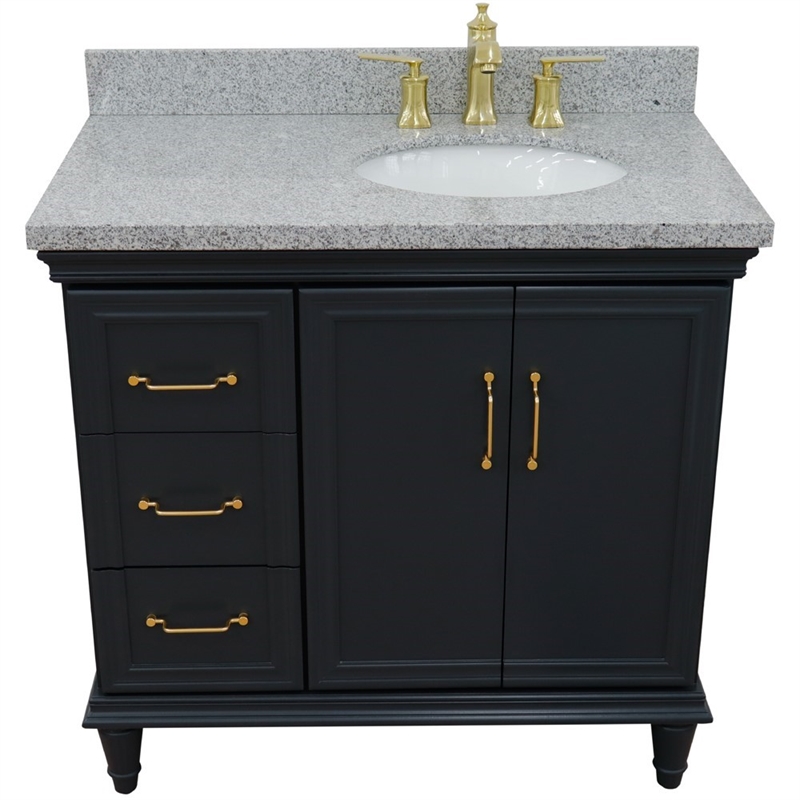 37 in. Single Wooden Vanity  Dark Gray Gray Granite Oval Right Door.Right Sink