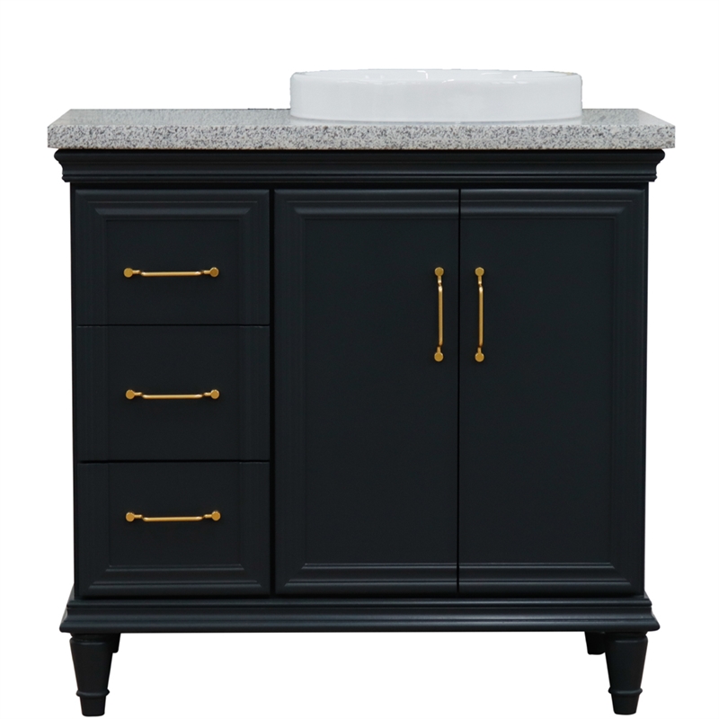 37 in. Single Wooden Vanity  Dark Gray Gray Granite Round Right Door.Right Sink