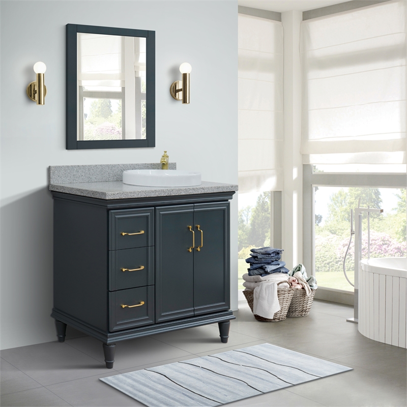 37 in. Single Wooden Vanity  Dark Gray Gray Granite Round Right Door.Right Sink
