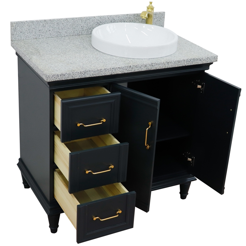 37 in. Single Wooden Vanity  Dark Gray Gray Granite Round Right Door.Right Sink