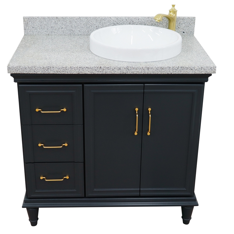37 in. Single Wooden Vanity  Dark Gray Gray Granite Round Right Door.Right Sink