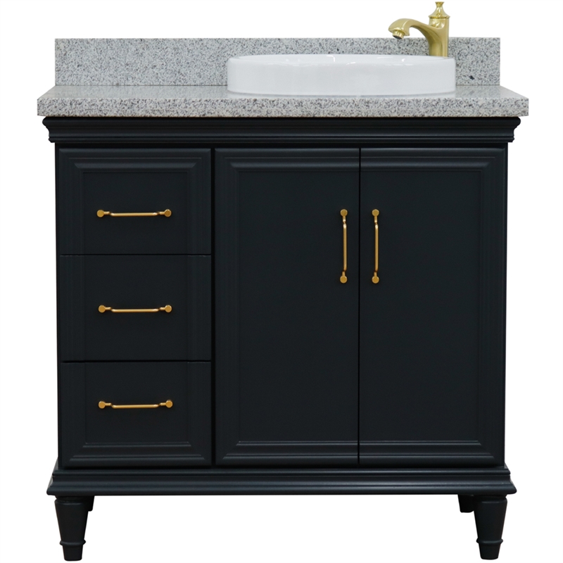 37 in. Single Wooden Vanity  Dark Gray Gray Granite Round Right Door.Right Sink