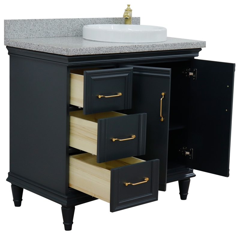 37 in. Single Wooden Vanity  Dark Gray Gray Granite Round Right Door.Right Sink
