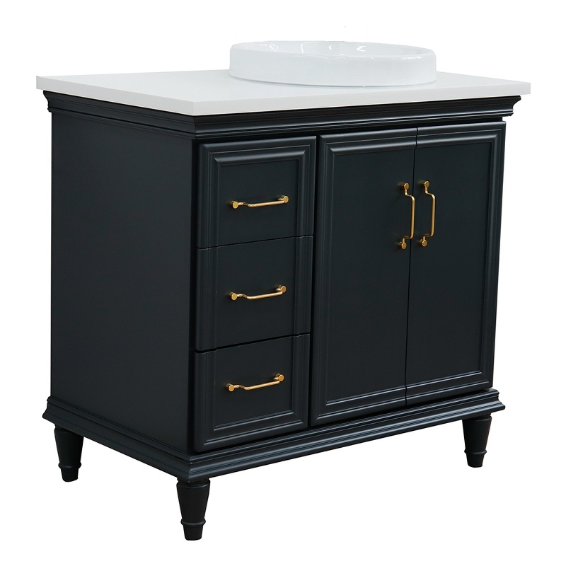 37 in. Single Wooden Vanity  Dark Gray White Quartz Round Right Door.Right Sink