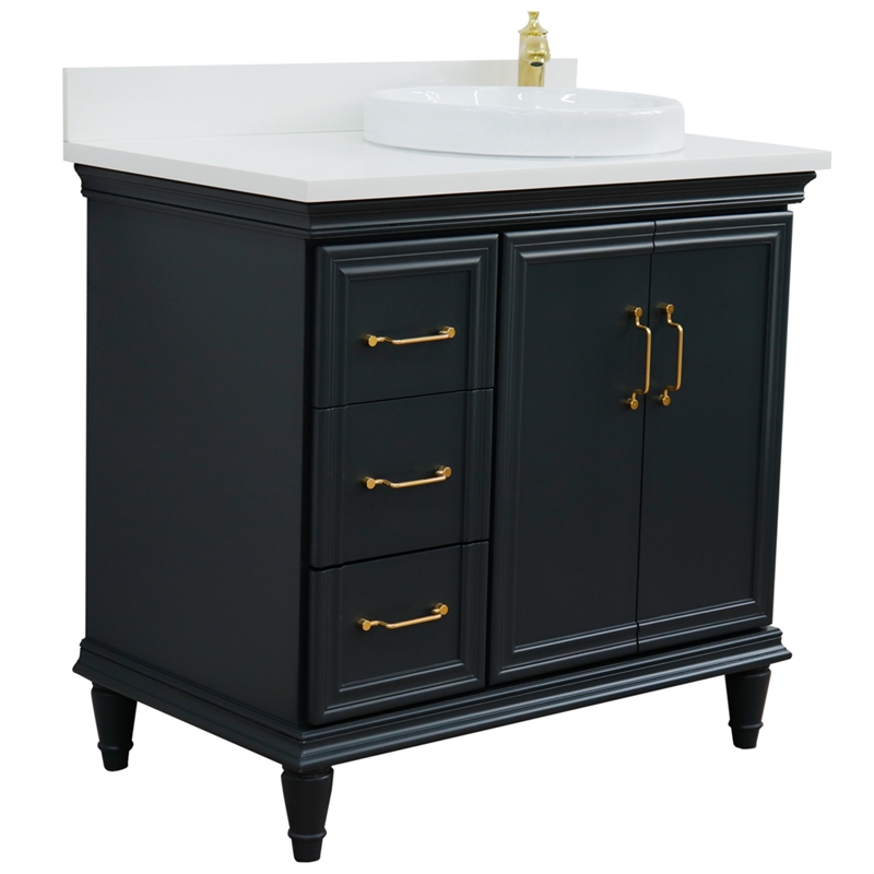 37 in. Single Wooden Vanity  Dark Gray White Quartz Round Right Door.Right Sink
