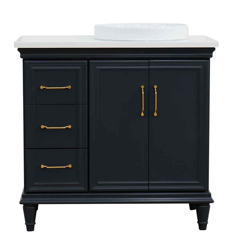 37 in. Single Wooden Vanity  Dark Gray White Quartz Round Right Door.Right Sink