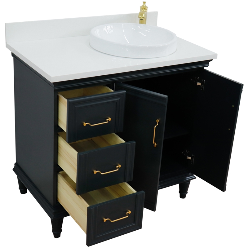 37 in. Single Wooden Vanity  Dark Gray White Quartz Round Right Door.Right Sink