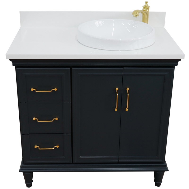 37 in. Single Wooden Vanity  Dark Gray White Quartz Round Right Door.Right Sink