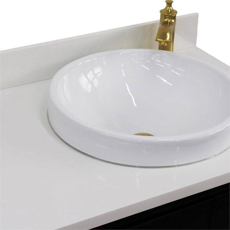 37 in. Single Wooden Vanity  Dark Gray White Quartz Round Right Door.Right Sink