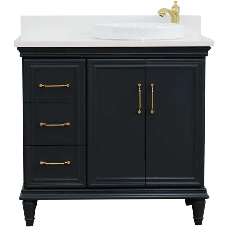 37 in. Single Wooden Vanity  Dark Gray White Quartz Round Right Door.Right Sink