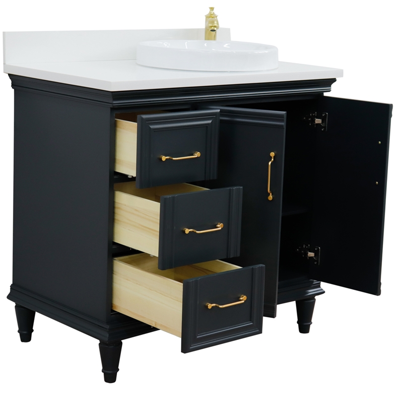 37 in. Single Wooden Vanity  Dark Gray White Quartz Round Right Door.Right Sink