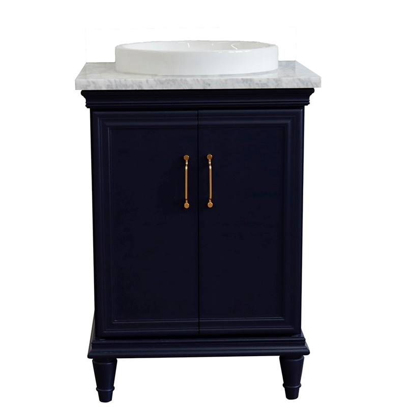 25 in. Single Wooden Vanity  Blue with White Carrara Round Sink