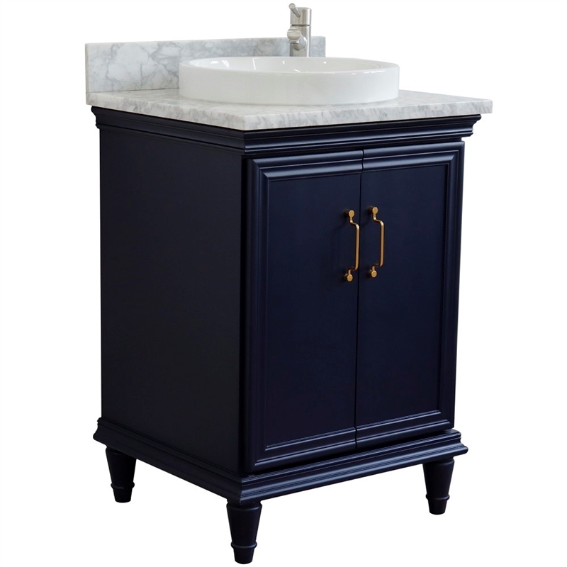 25 in. Single Wooden Vanity  Blue with White Carrara Round Sink