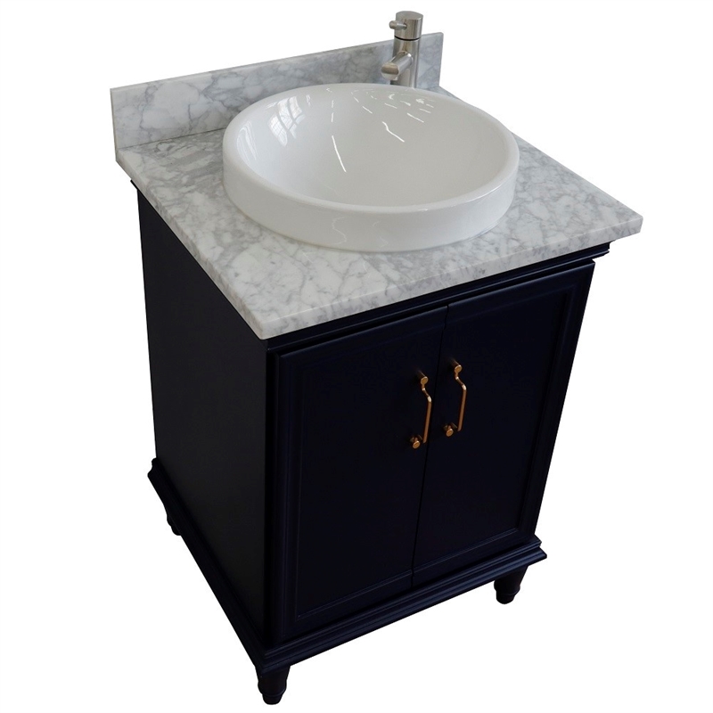 25 in. Single Wooden Vanity  Blue with White Carrara Round Sink