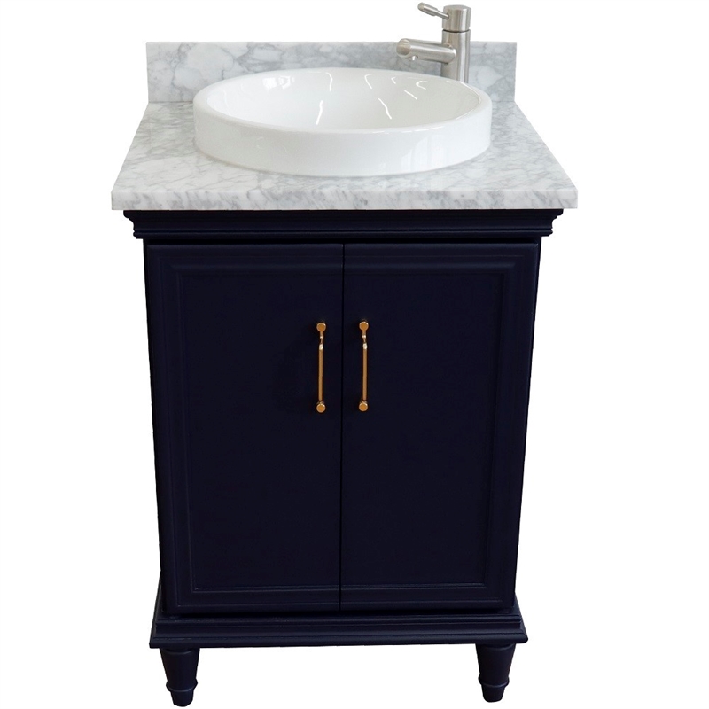 25 in. Single Wooden Vanity  Blue with White Carrara Round Sink