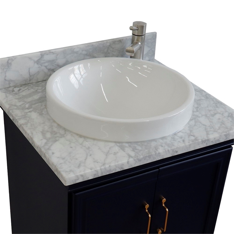25 in. Single Wooden Vanity  Blue with White Carrara Round Sink