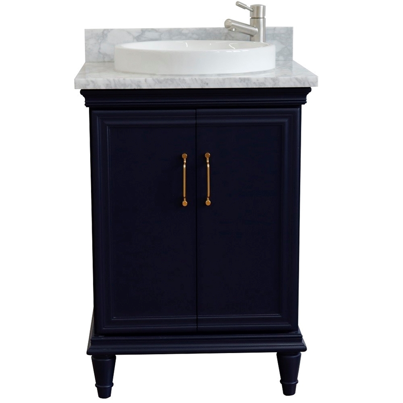 25 in. Single Wooden Vanity  Blue with White Carrara Round Sink