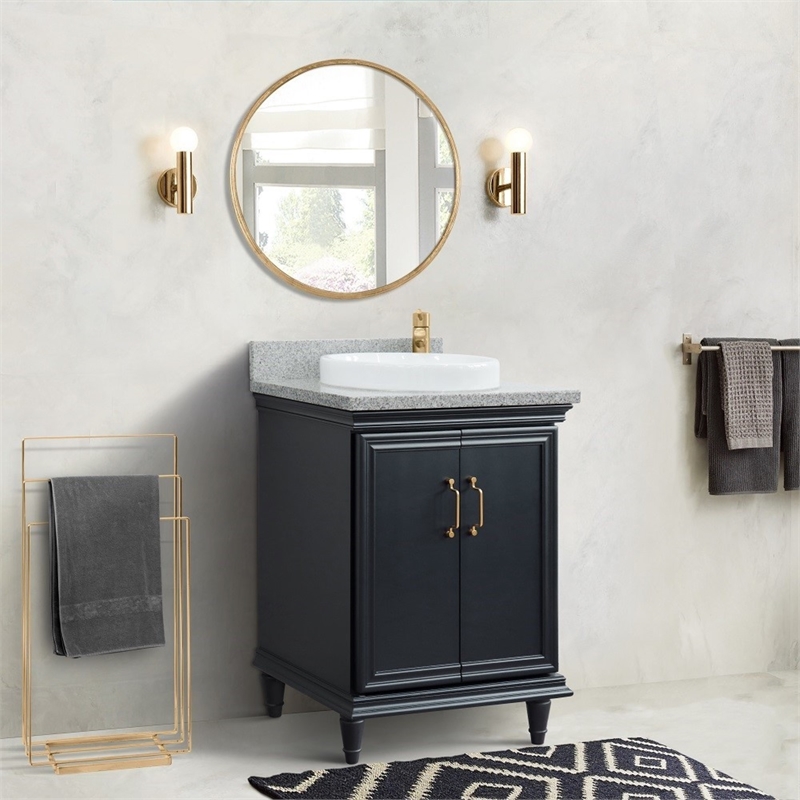 25 in. Single Wooden Vanity  Dark Gray with Gray Granite Rectangle Sink