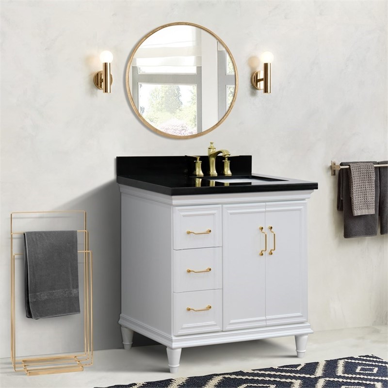 37 in. Single Wooden Vanity  White Black Galaxy Rectangle Right Door.Right Sink