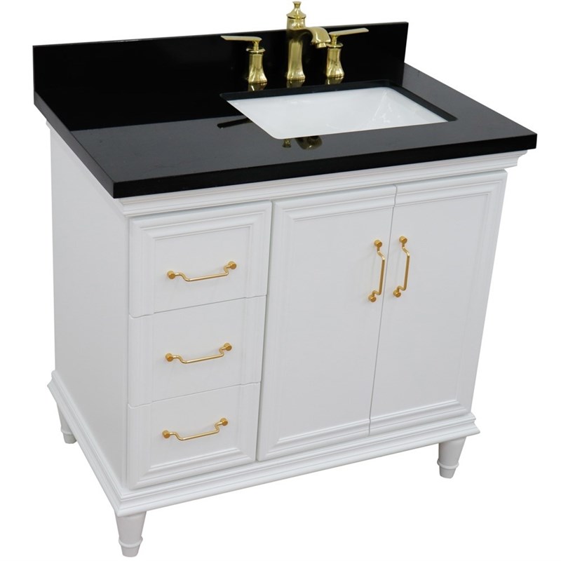 37 in. Single Wooden Vanity  White Black Galaxy Rectangle Right Door.Right Sink