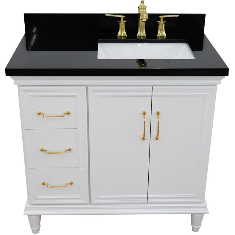 37 in. Single Wooden Vanity  White Black Galaxy Rectangle Right Door.Right Sink