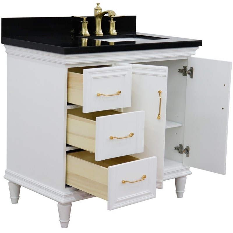 37 in. Single Wooden Vanity  White Black Galaxy Rectangle Right Door.Right Sink