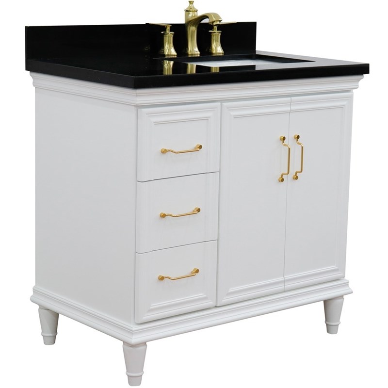 37 in. Single Wooden Vanity  White Black Galaxy Rectangle Right Door.Right Sink