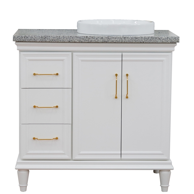 37 in. Single Wooden Vanity  White Gray Granite Round Right Door.Right Sink