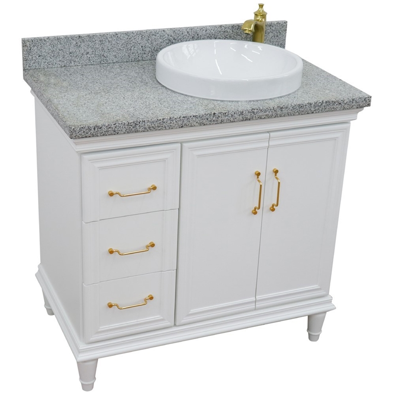37 in. Single Wooden Vanity  White Gray Granite Round Right Door.Right Sink