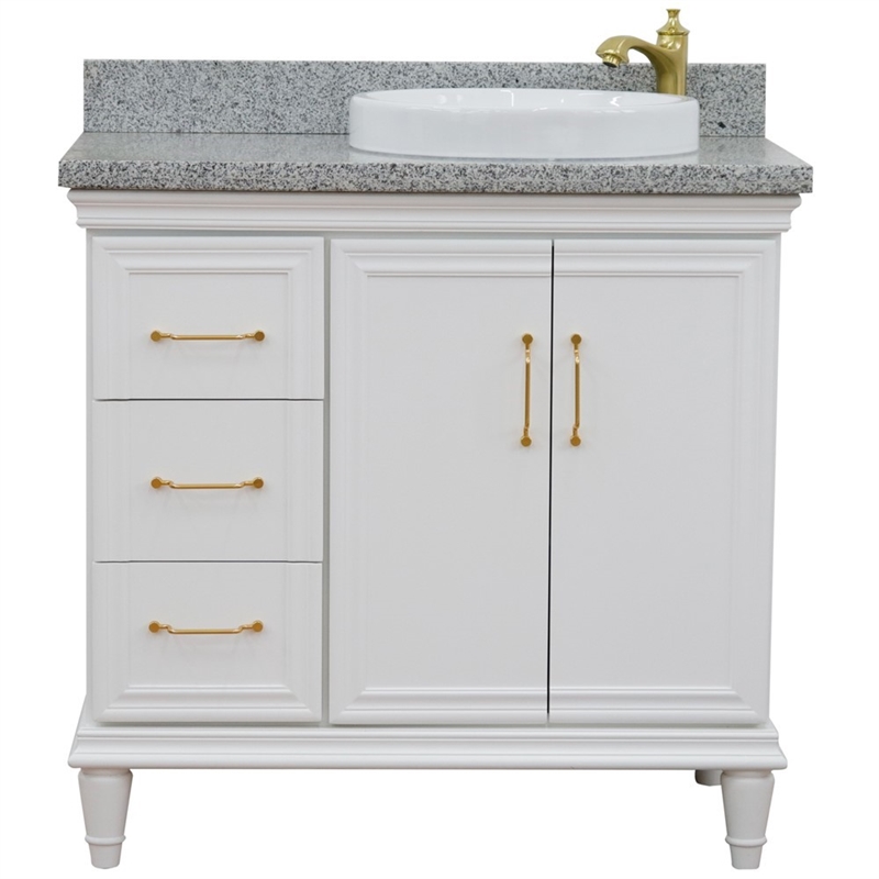 37 in. Single Wooden Vanity  White Gray Granite Round Right Door.Right Sink